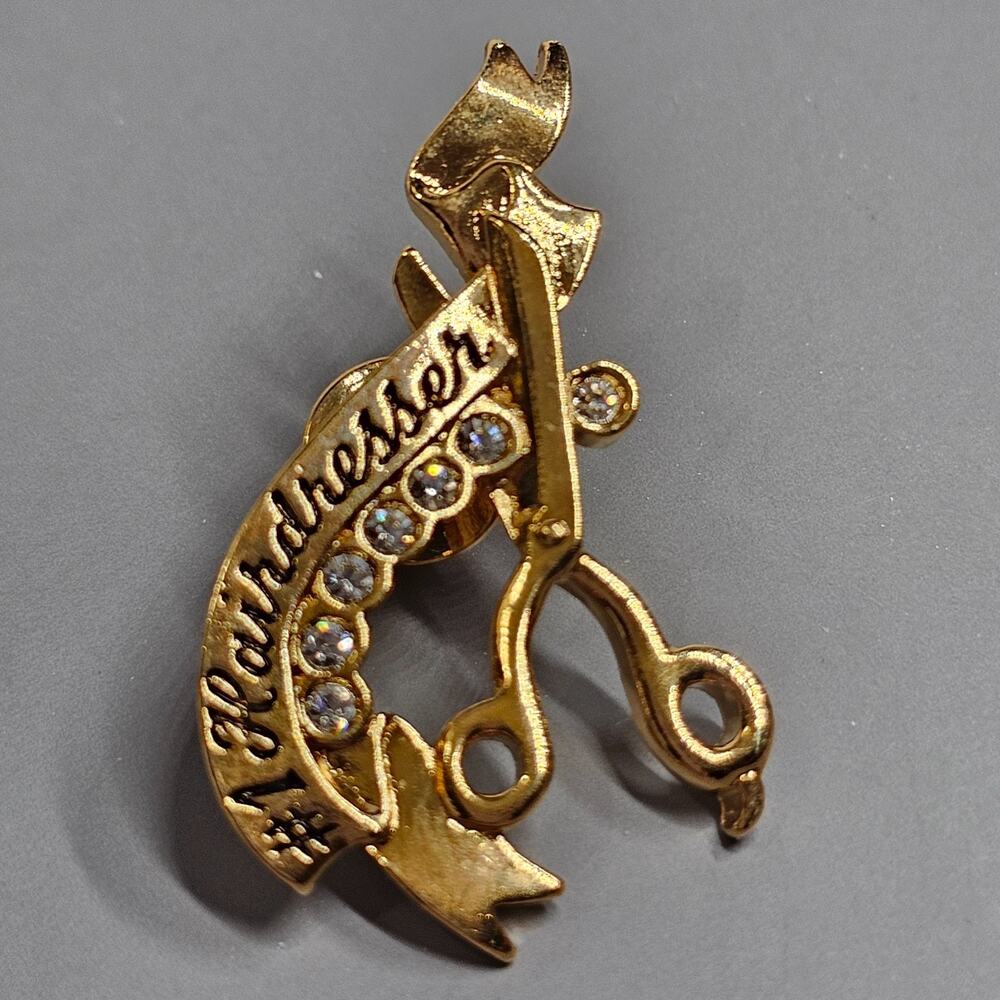 AVON #1 Hairdresser Brooch Pinback Rhinestones Scissors Cosmetology Goldtone Vtg